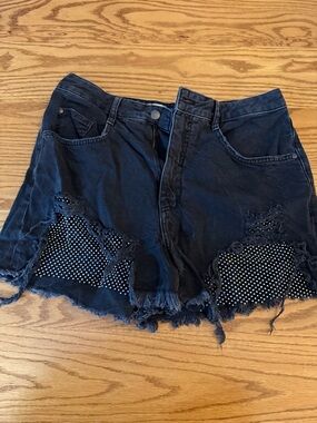 Pilcro Black Distressed High-Rise Women’s Shorts with mesh Underlay